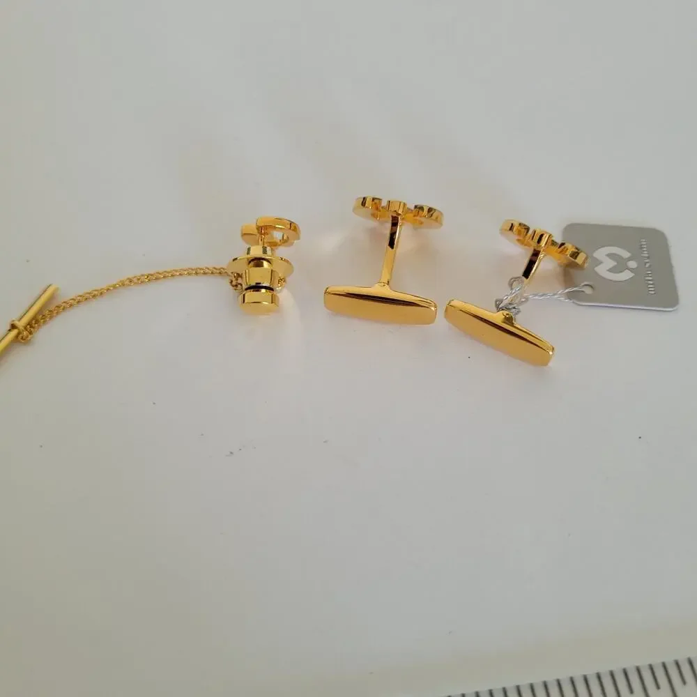 Mila Schon M Logo‎ Tie Pin Tack Clip Cufflinks Set Gold Silver Tone Designer New